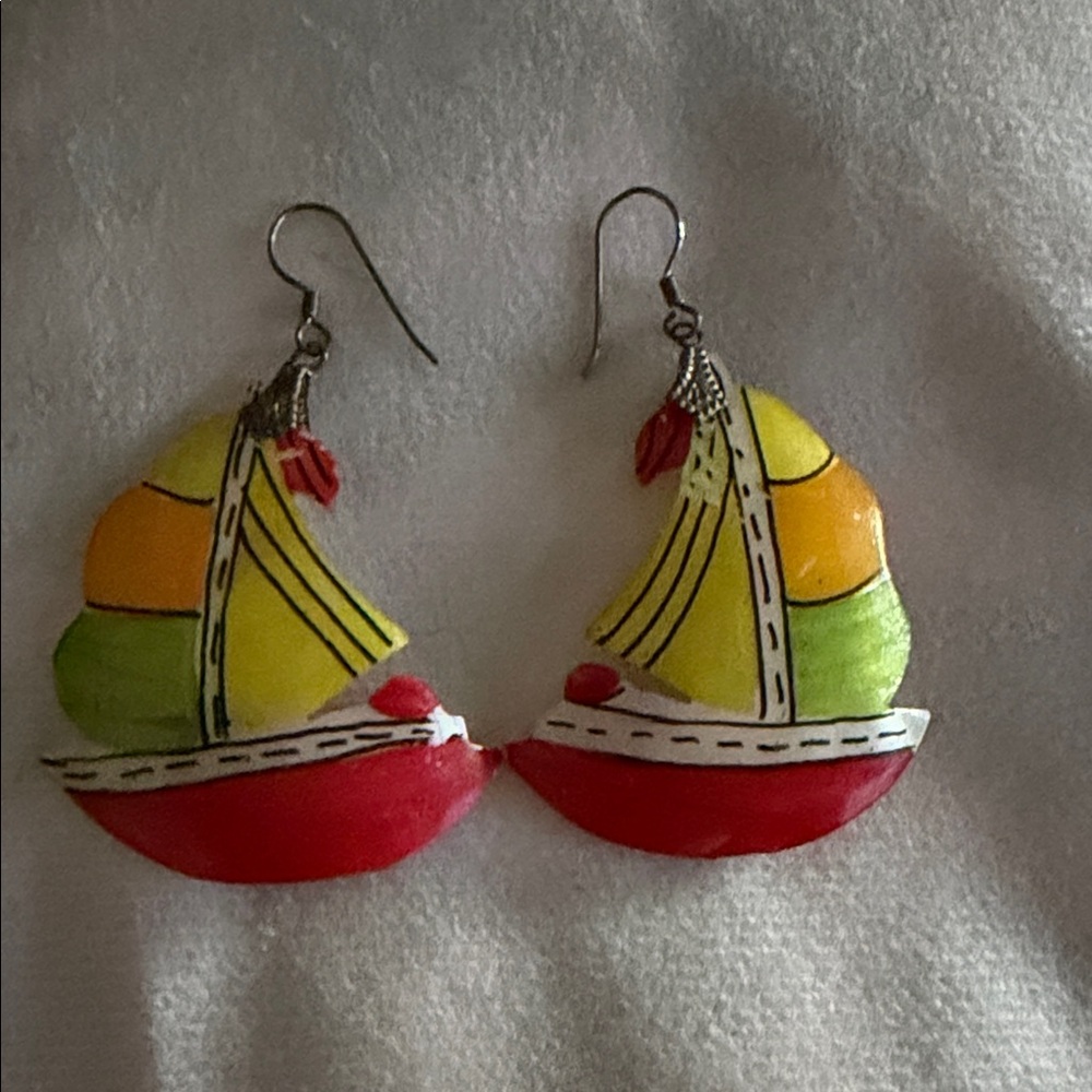 Hand-Painted Sailboat Dangle Earrings -‎ Red, Yellow, Green Shell 🐚
